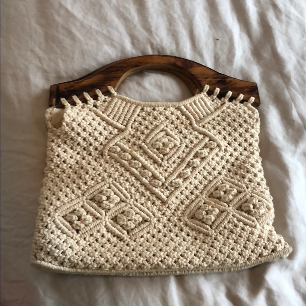 Carved wood handle macrame bag